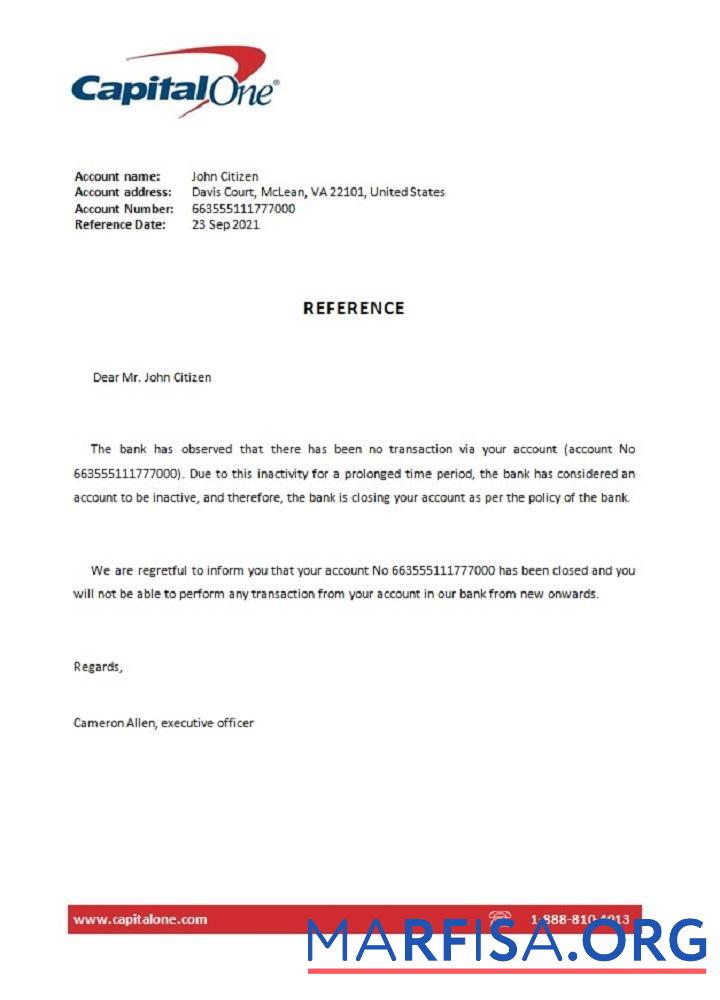 Downloadable USA Capital One closure reference real example